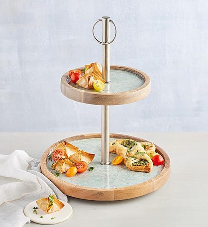 2-Tiered Wood and Enamel Serving Stand